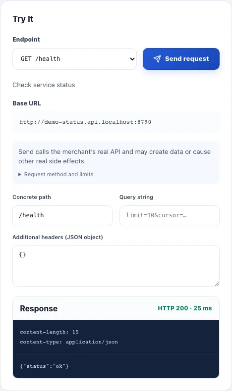 The buyer workspace console calls GET /health and returns HTTP 200 with status ok
