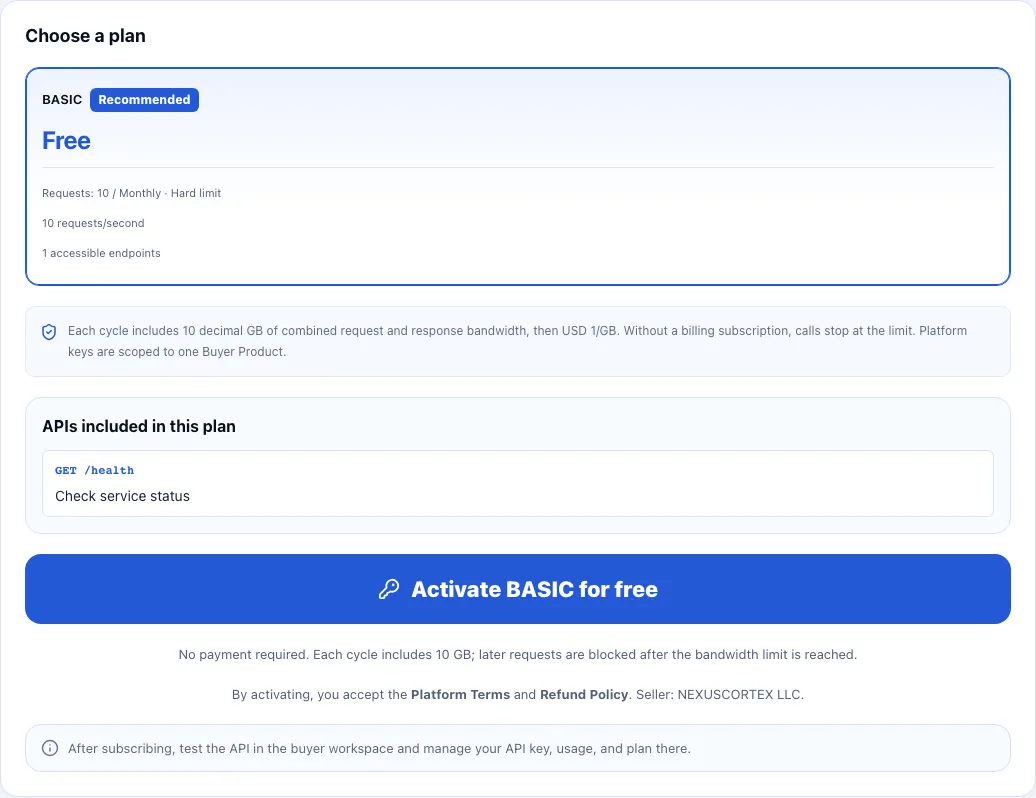 The product page plan card shows a free BASIC plan with an Activate BASIC for free button