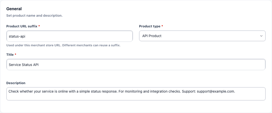 API product General fields show the status-api URL suffix, product type, title, and description.