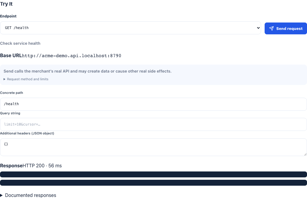 The merchant Try It console selects GET /health and shows HTTP 200 after sending.