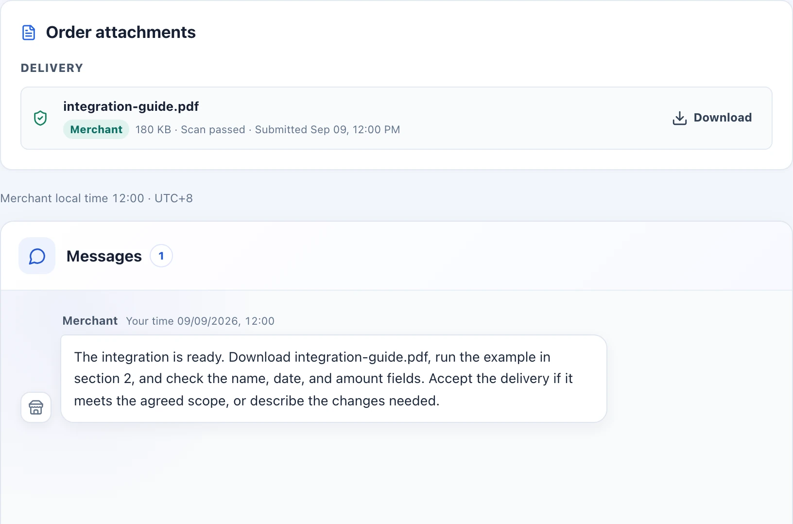 A delivery PDF under Order attachments and the merchant’s review instructions in Messages