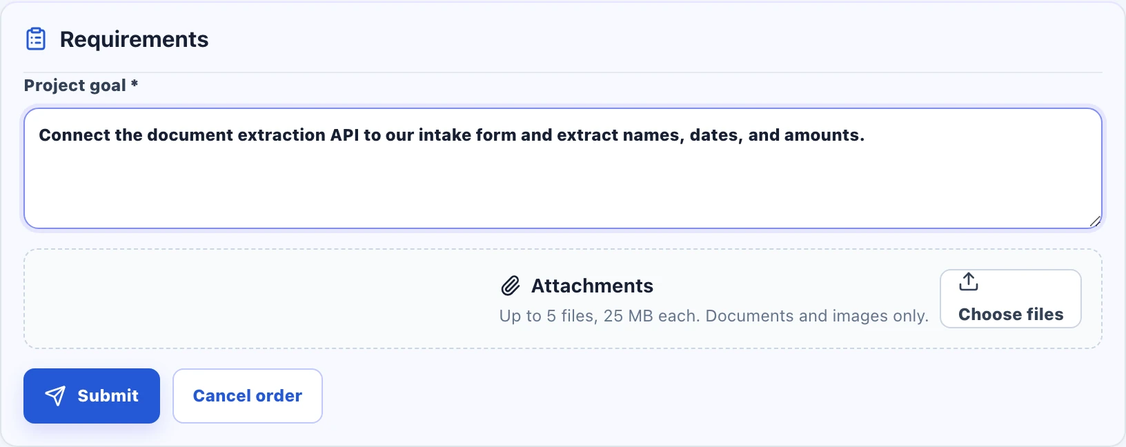 Requirements form showing the project goal, file picker, and Submit button