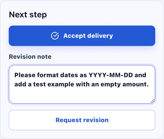 Next step panel with Accept delivery, Revision note, and Request revision controls